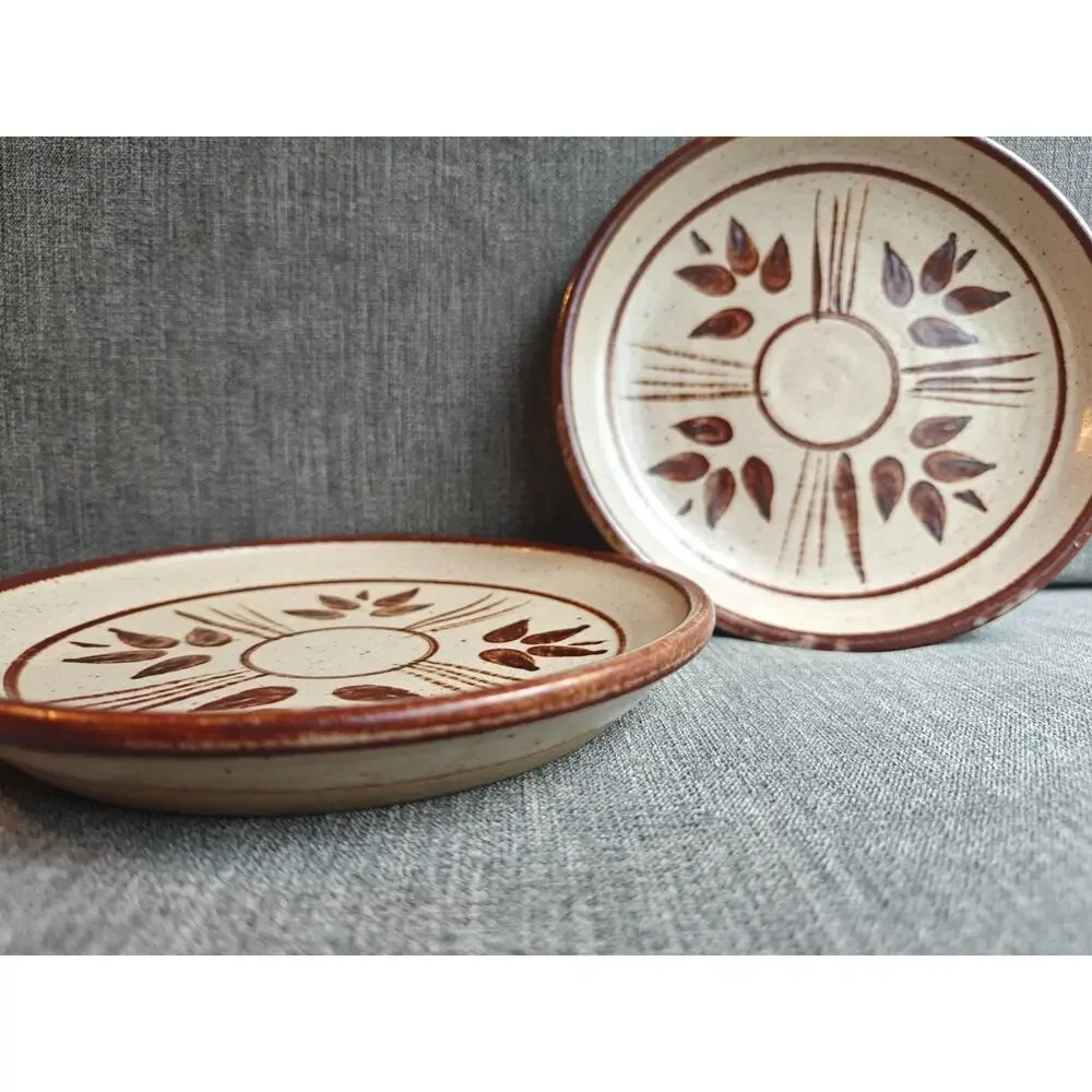 Vintage 1980s Handmade Stoneware Plates - pair | 7.25 in Studio Pottery Earthy